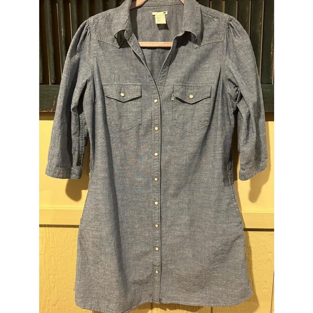 Levis Denim Dress Pearl Snap Western Women's Side Pockets Belt Loops 3/4 SL SZ L